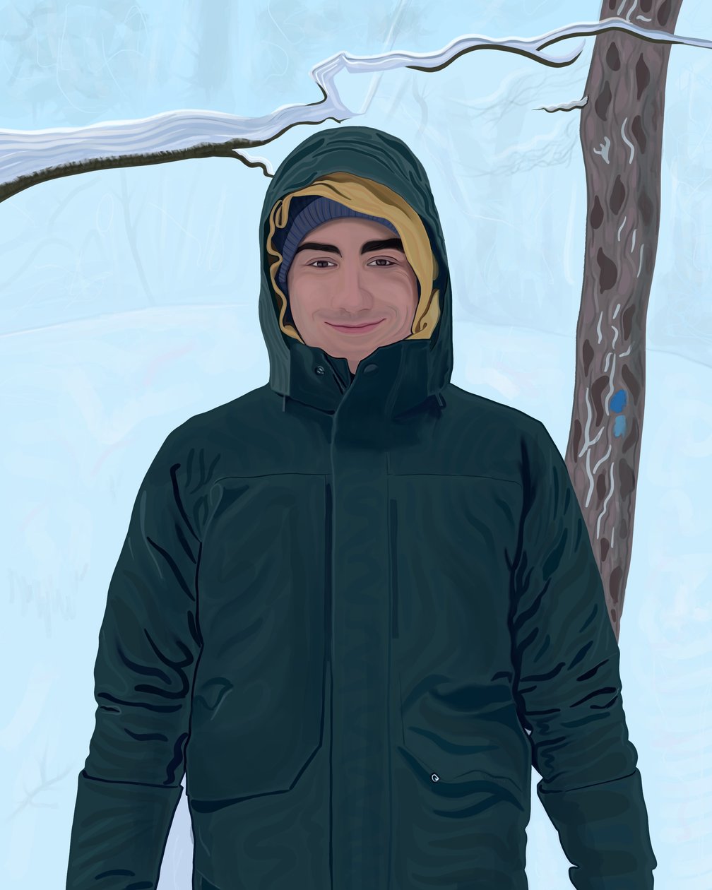 Ung man i grön parkas i snö (digital konst) av Evan Sklar