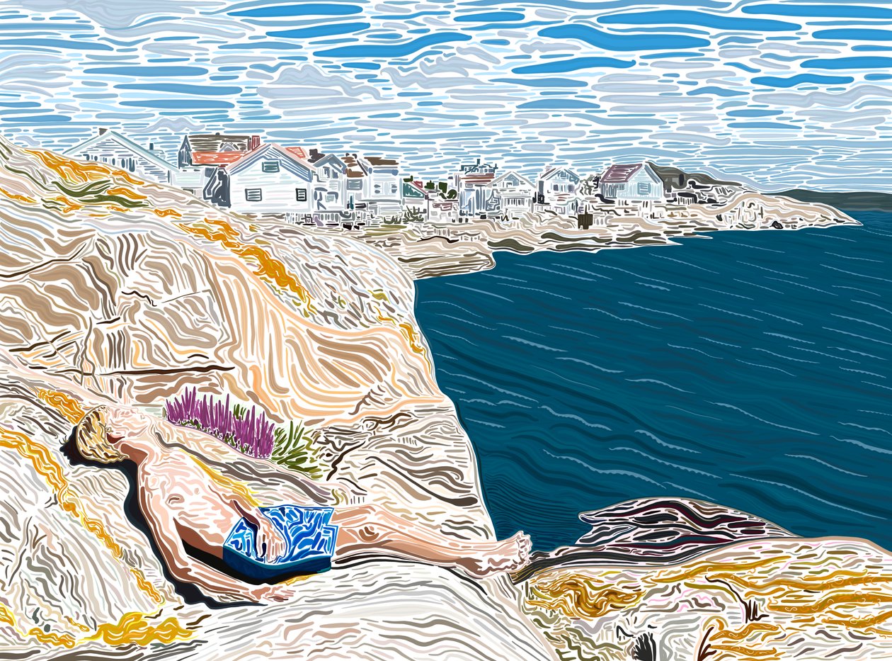 Ung man vid havet på sommaren solar på klippor. (digital konst) av Evan Sklar