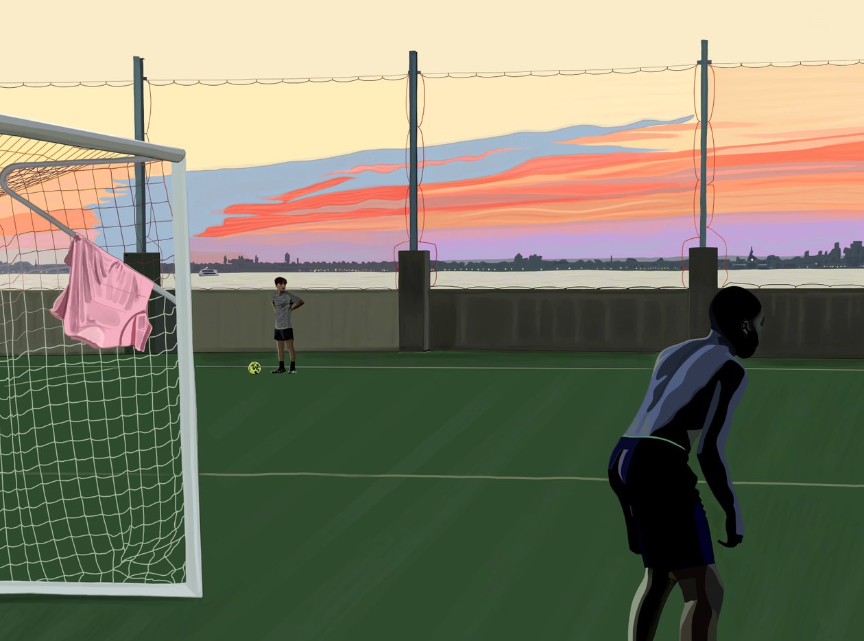 Ungdomsfotboll i Brooklyn Bridge Park (digital konst) av Evan Sklar