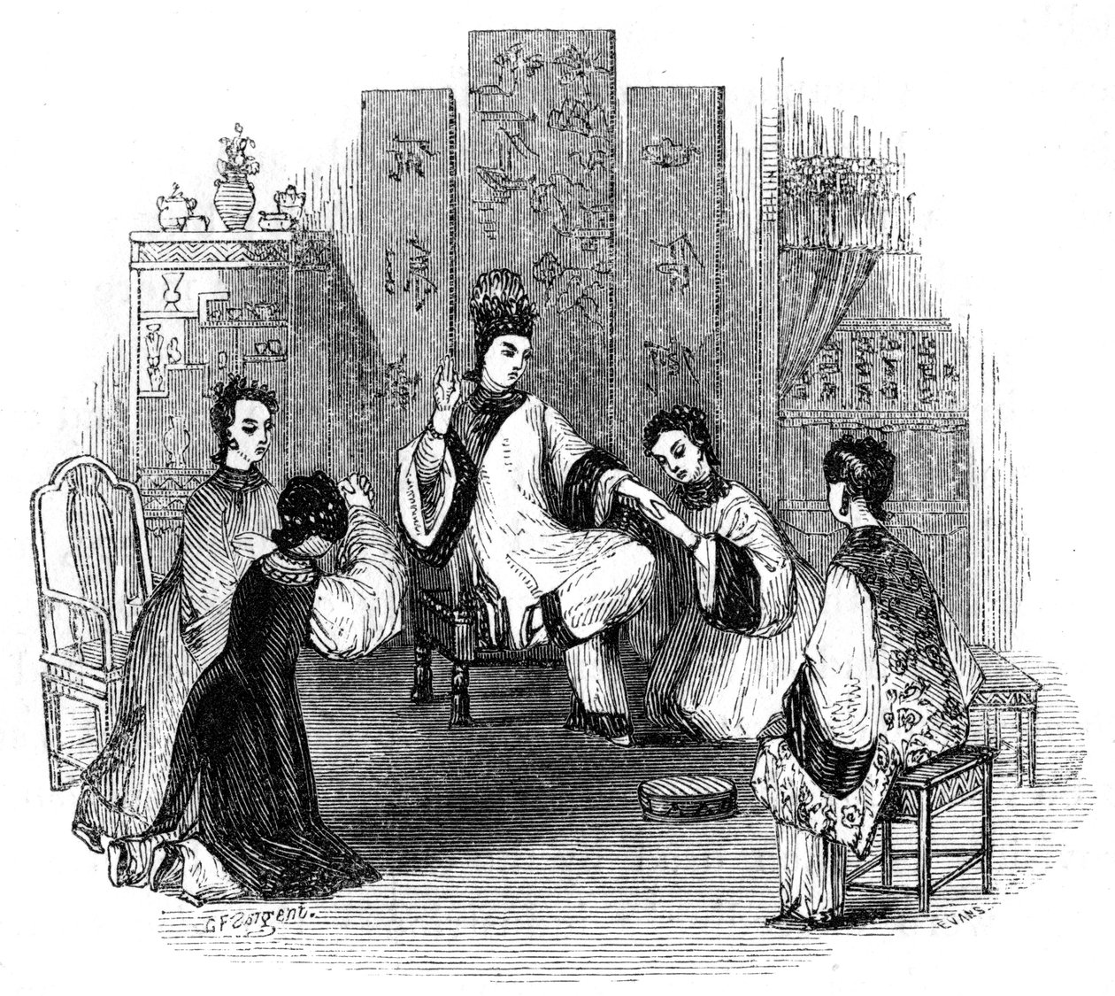 Kinesiska jungfrur som gråter med en brud, 1847 av Evans