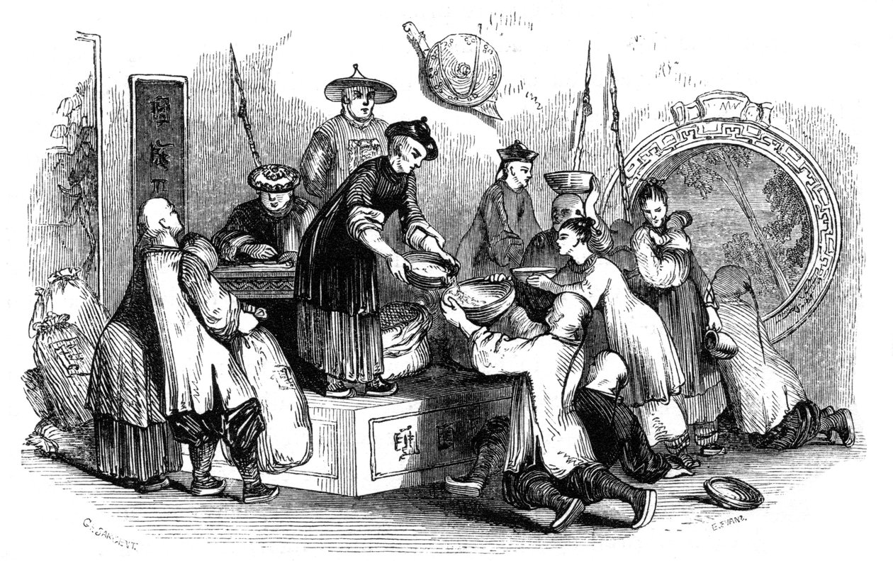 Dela ut majs till folket, under en tid av knapphet, 1847 av Evans