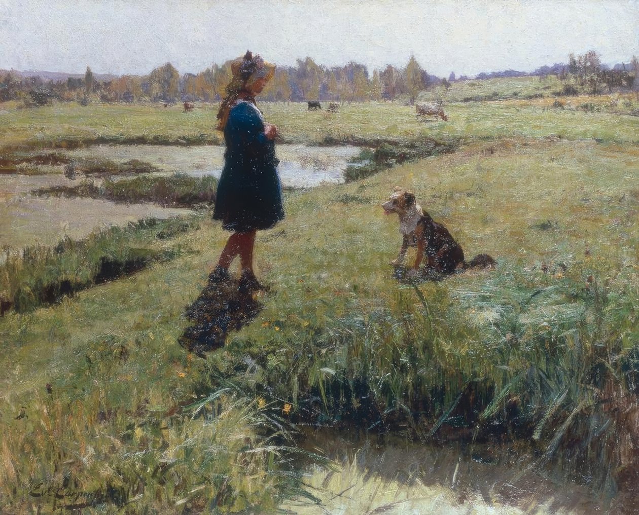 Ung flicka och hennes hund på ängen av Evariste Carpentier