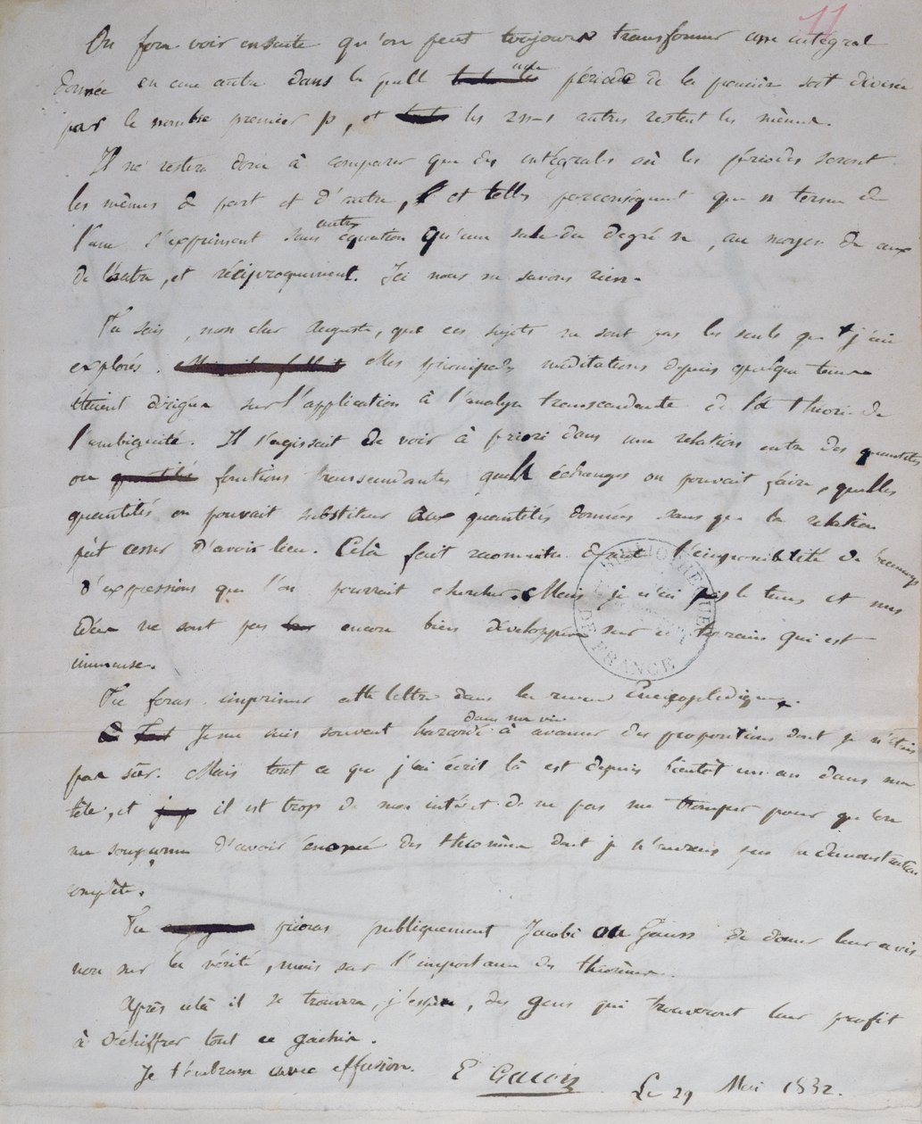 Ms 2108 fol.11r Brev från Gallois till Auguste Chevalier, 29 maj 1832 av Evariste Gallois