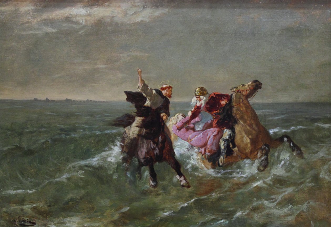 Franska: La chevauchée de saint Guénolé et du Roi Gradlon S:t Guénolés och kung Gradlons flykt av Evariste Vital Luminais