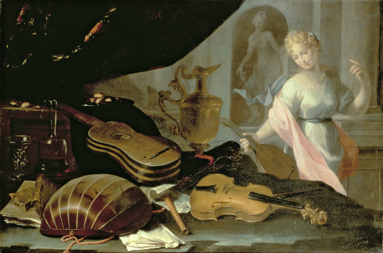 Stilleben med musikinstrument, med kvinnlig figur av Evaristo Baschenis