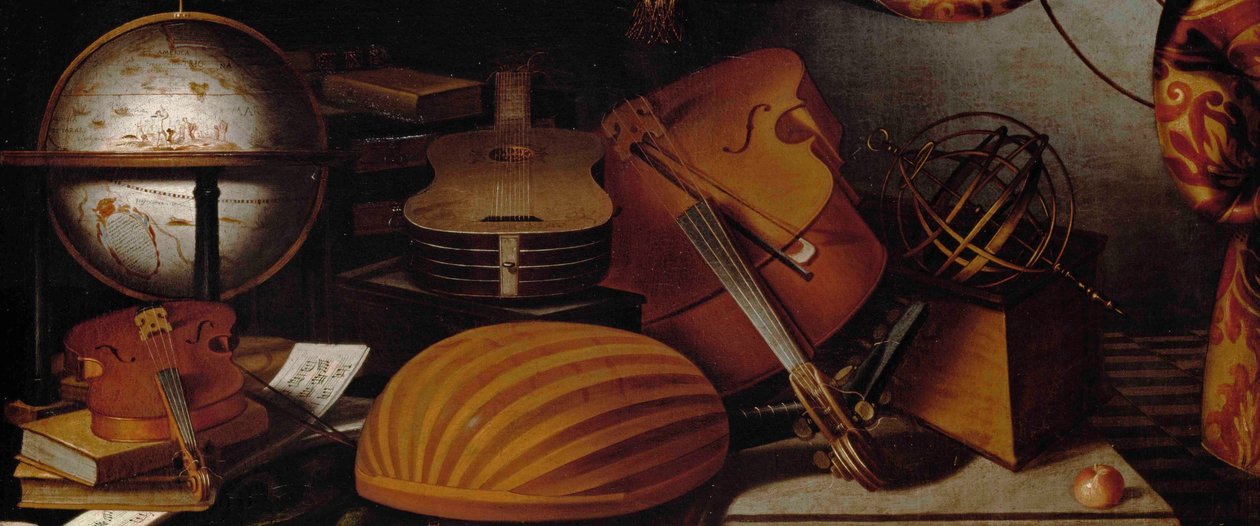 Stilleben med musikinstrument, Globe and Armillary Sphere Detail, 1600-talet. av Evaristo Baschenis