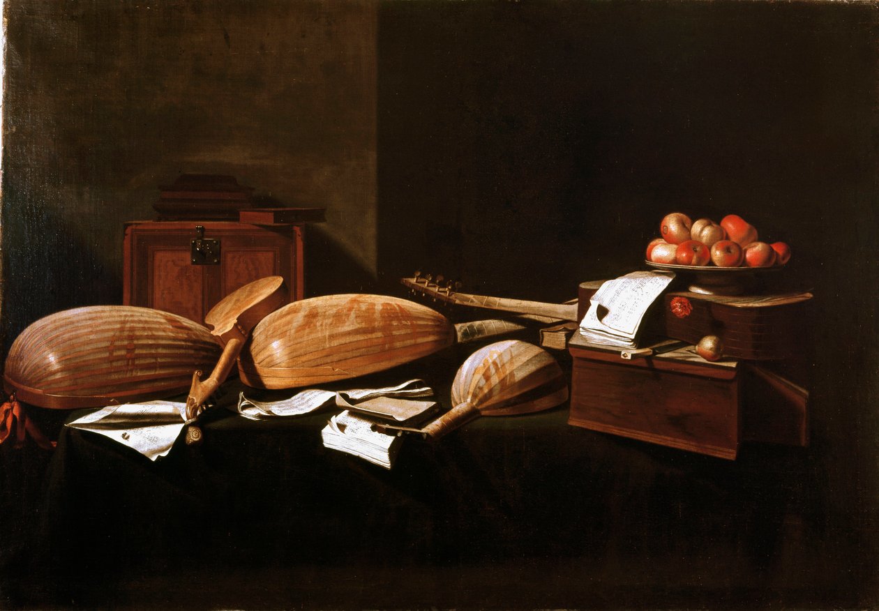 Stilleben Peches och musikinstrument. Målning av Evaristo Baschenis (1617-1677) Bergamo från 1600-talet, privat samling av Evaristo Baschenis