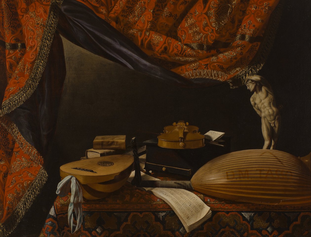 Stilleben med musikinstrument, böcker och skulptur av Evaristo Baschenis