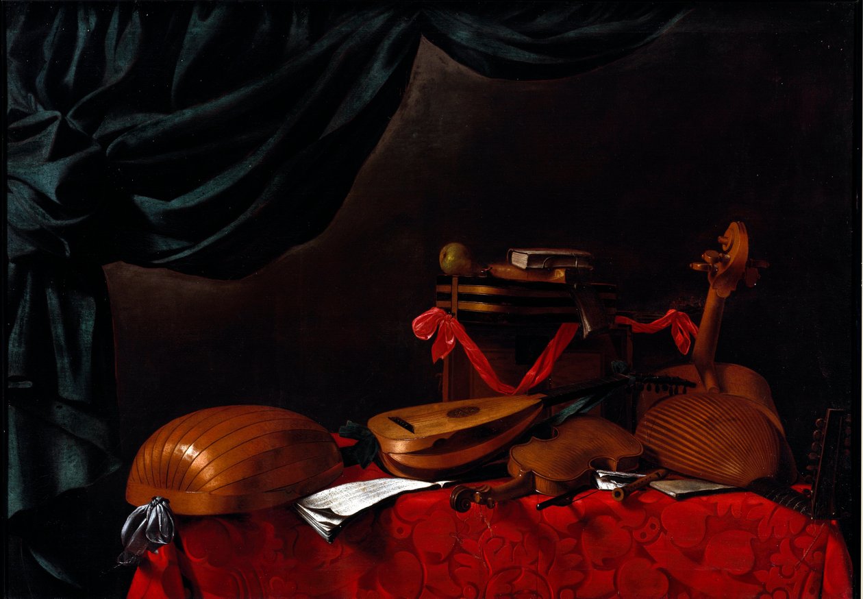 Stilleben med musikinstrument och ett päron Målning av Evarista Baschenis (1617-1677) 1600-talet. Bergamo, Accademia Carrara, Italien av Evaristo Baschenis