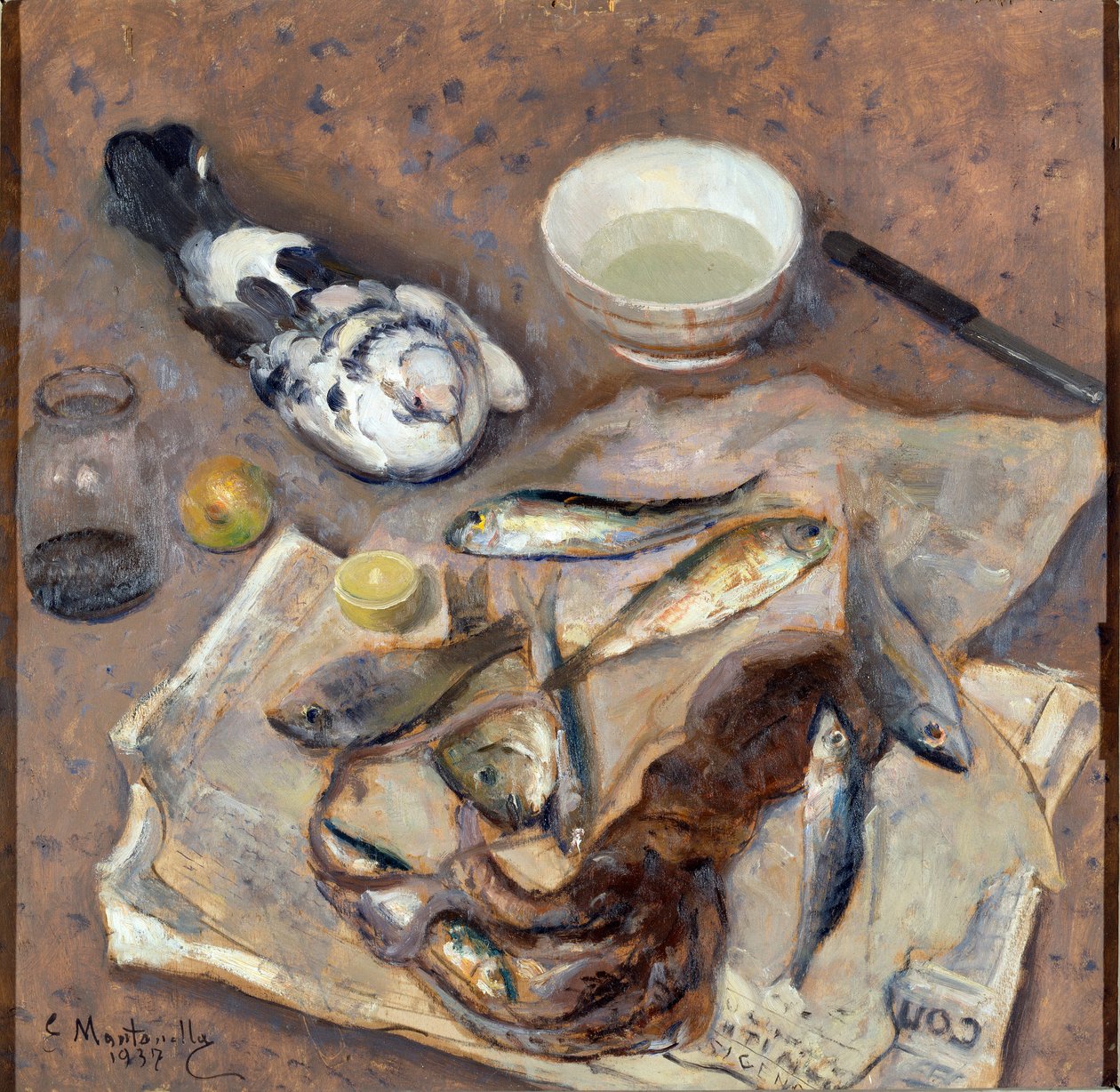Stilleben Fisk och duva. Målning av Evasio Montanella (1878-1940) 1937 sön. 62x64 cm Genes Nervi, Galleria av Arte Moderna, inv. 0433 av Evasio Montanella