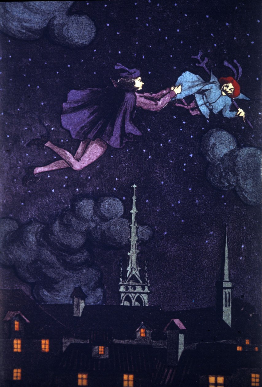 Illustration till romanen "Den lame djävulen" av Alain Rene Lesage (Alain-Rene Le Sage) (1668-1747) (1707). Teckning av E.Torrent, ca 1930. av Evelio Torrent