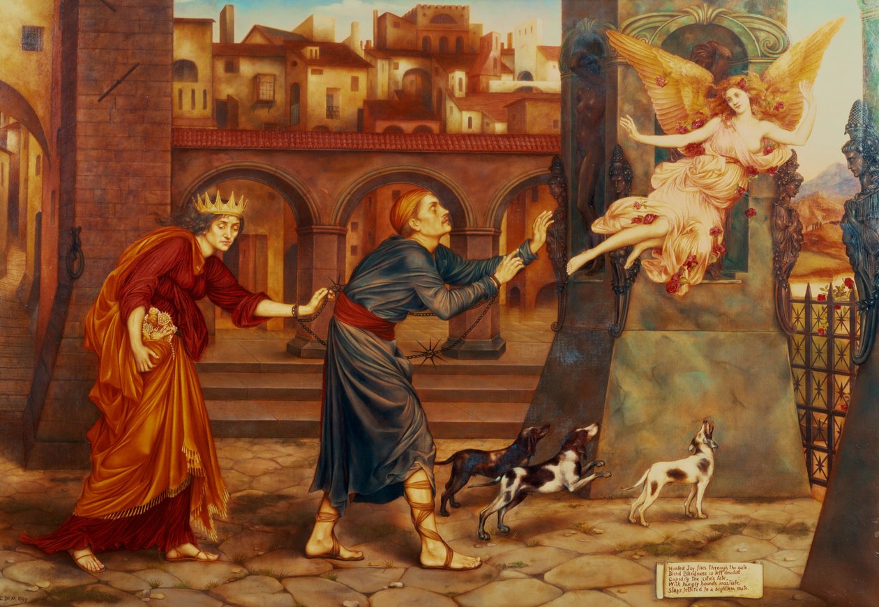 Blindhet och girighet som jagar glädjen från staden, 1897 av Evelyn De Morgan