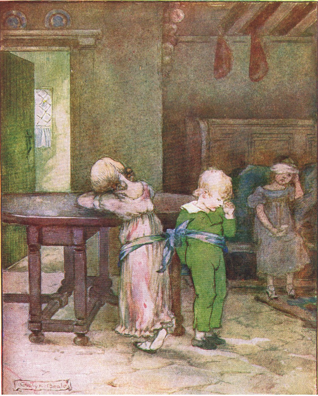 Hon tog hans blå ficknäsduk och band Lucy och Henry vid bordet (från berättelsen An Unhappy Day), illustration från A Staircase of Stories publicerad av Thomas Nelson & Sons Ltd 1940-talet (colou av Evelyn Beale