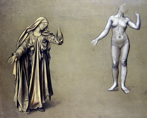 Draperad figurstudie med tillhörande nakenbilder (färgade kritor på papper) av Evelyn De Morgan