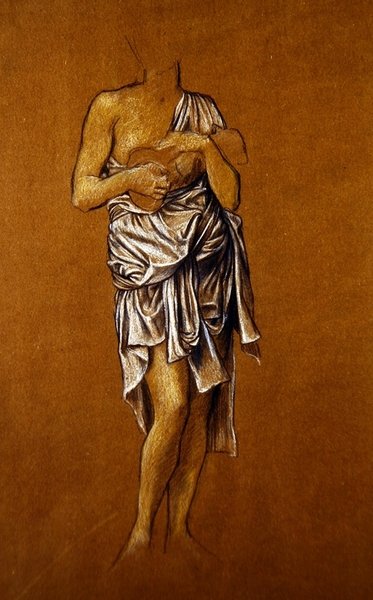 Vänster kvinnlig supplikant på en brygga/ St Christin (blå och vit krita på papper) av Evelyn De Morgan