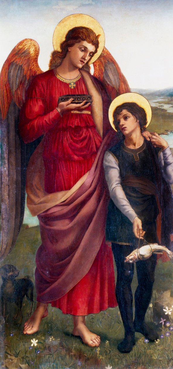 "Tobias och ärkeängeln Rafael" Tobias, som fått i uppdrag av sin blinde far att hitta fiskgallan, får sällskap av ärkeängeln Rafael. Målning av Evelyn De Morgan (1855-1919) (prerafaelit) 1875 Privat samling av Evelyn De Morgan