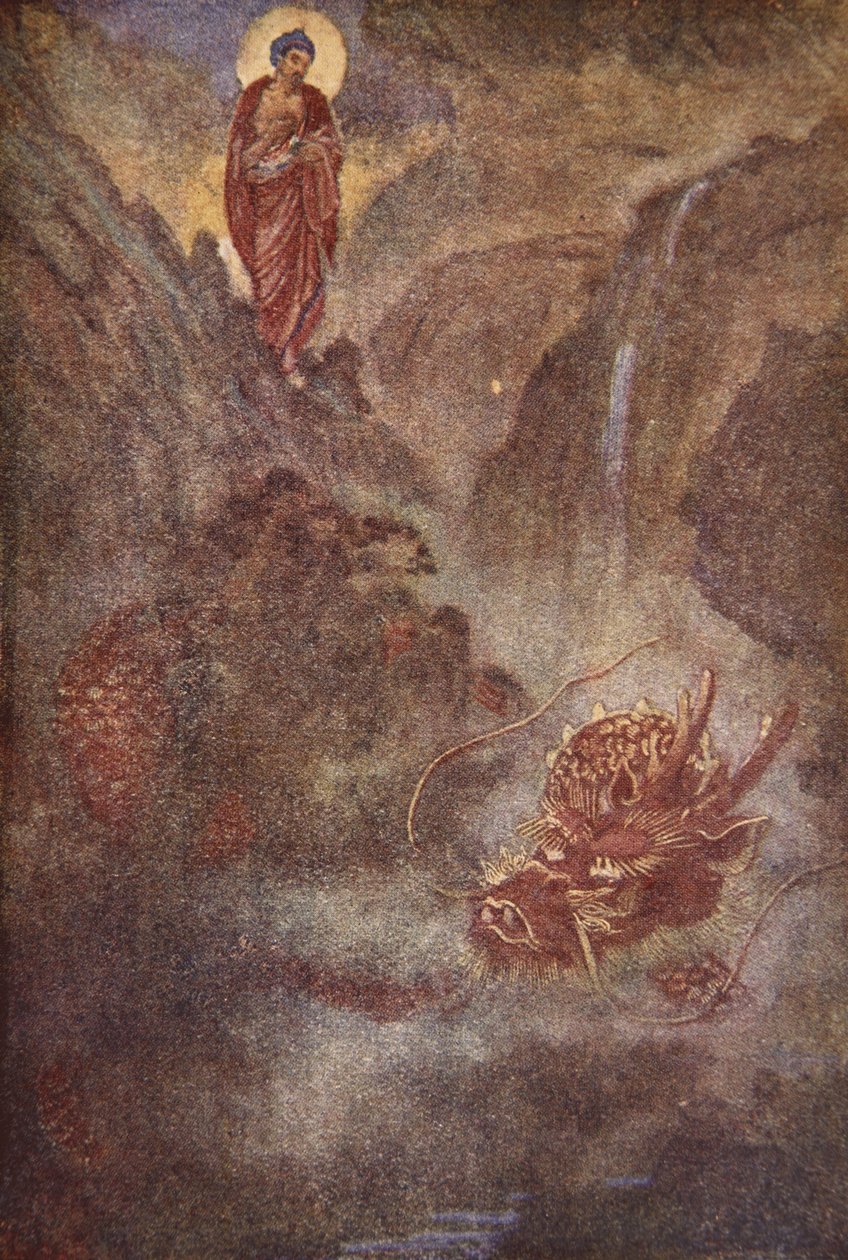 Buddha och draken, illustration från "The Myths and Legends of Japan" av F. Hadland Davis av Evelyn Paul