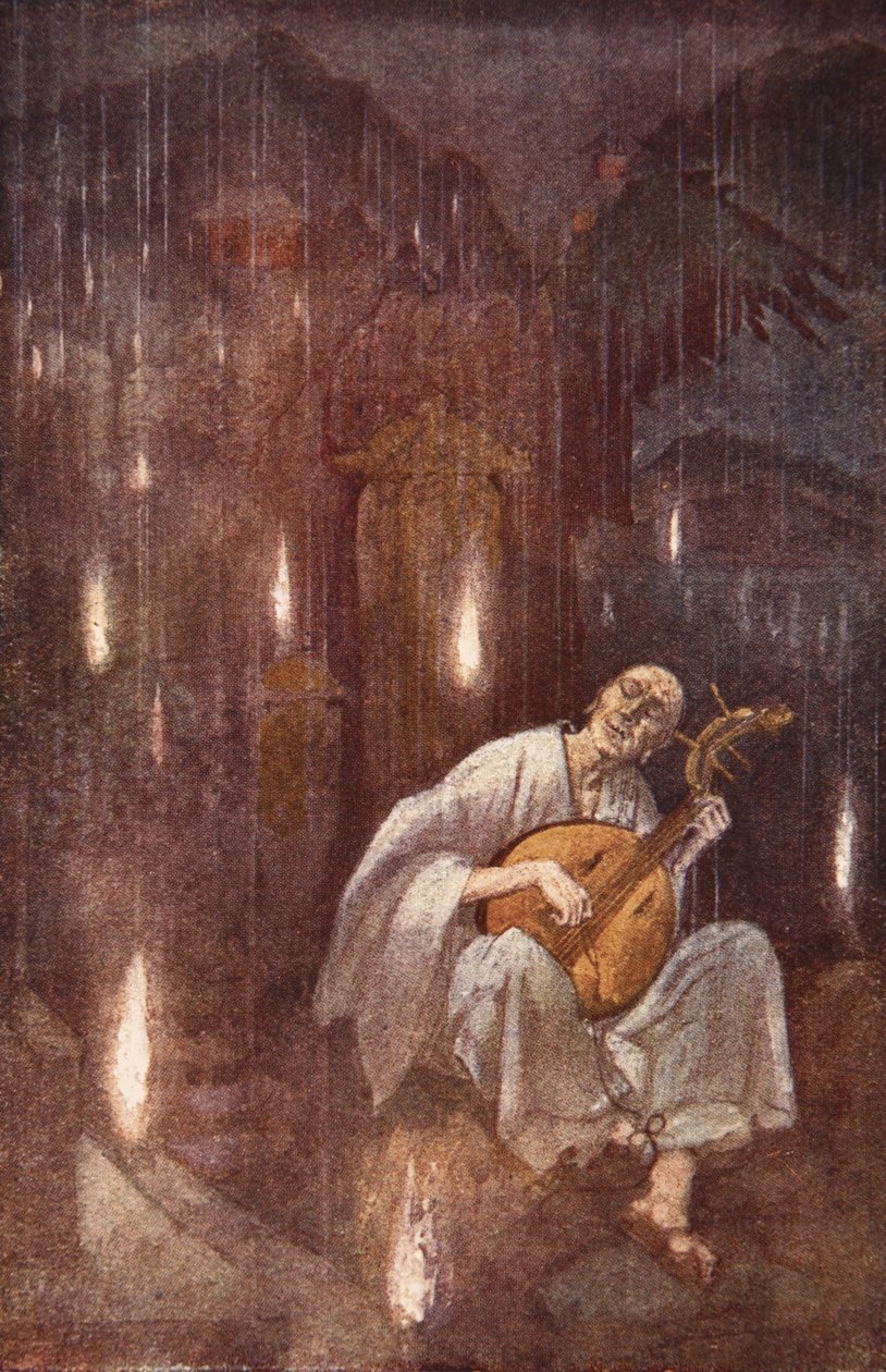Hoichi-the-Earless, illustration från "The Myths and Legends of Japan" av F. Hadland Davis av Evelyn Paul