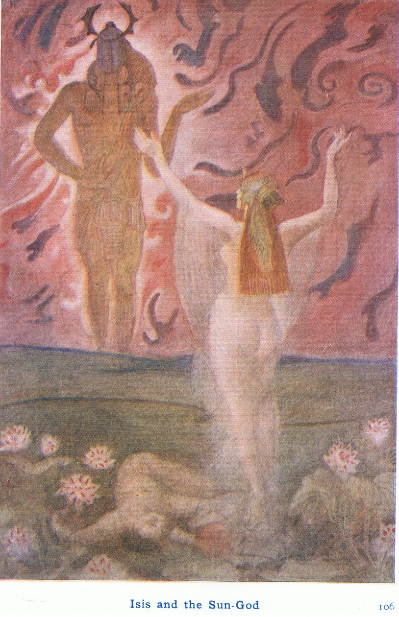 Isis och solguden Ra (färg litho) av Evelyn Paul