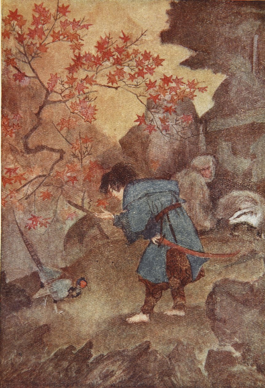 Momotaro och fasanen, illustration från "The Myths and Legends of Japan" av F Hadland Davis av Evelyn Paul