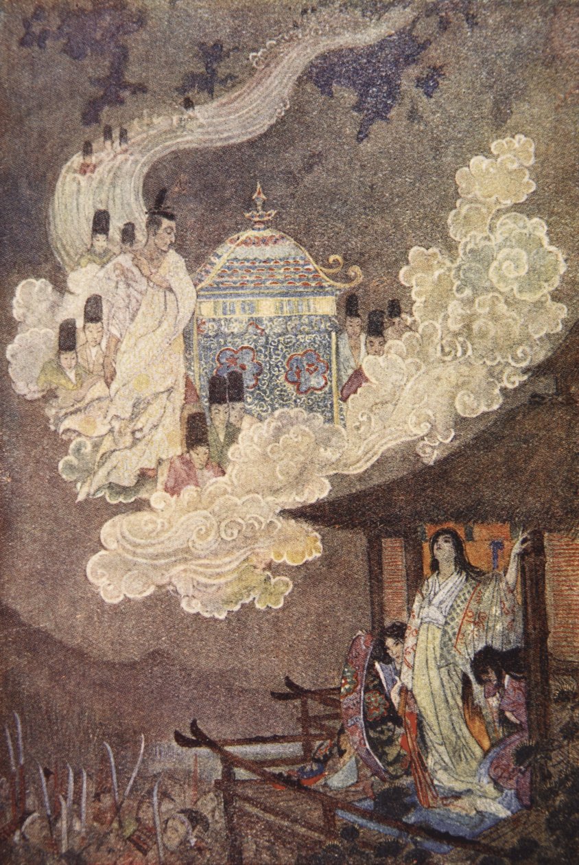 Moonfolk kräver Lady Kaguya, illustration från "The Myths and Legends of Japan" av F Hadland Davis av Evelyn Paul