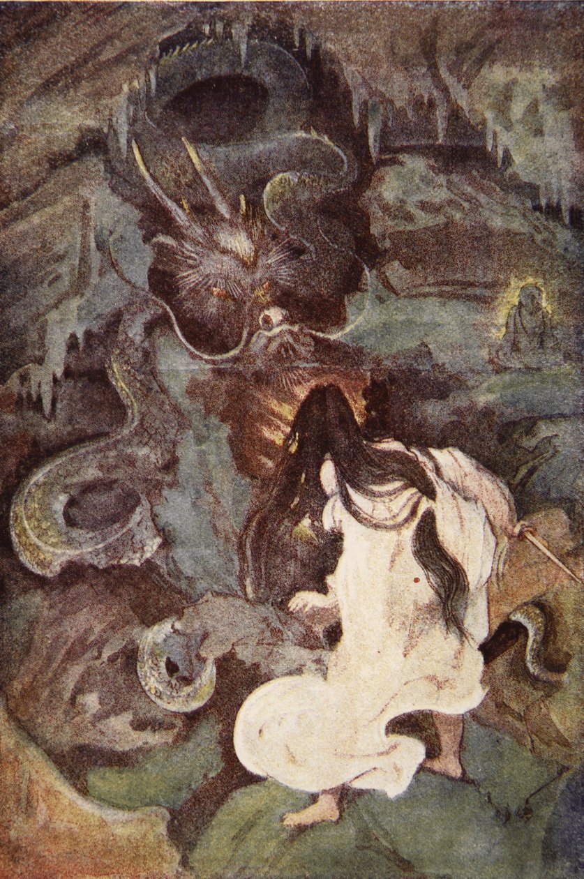 Tokoyo and the Sea Serpent, illustration från "The Myths and Legends of Japan" av F. Hadland Davis av Evelyn Paul