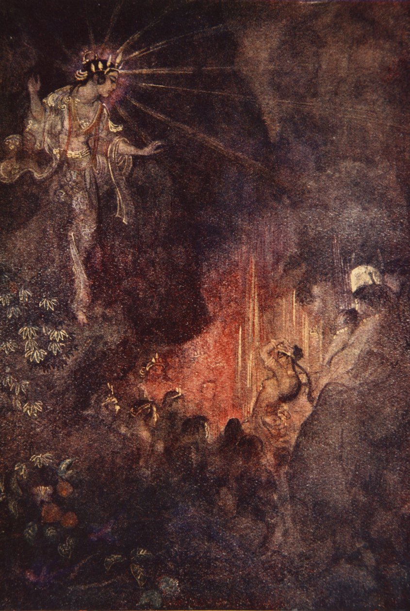 Uzuma väcker Ama-terasus nyfikenhet, illustration från "The Myths and Legends of Japan" av F Hadland Davis av Evelyn Paul