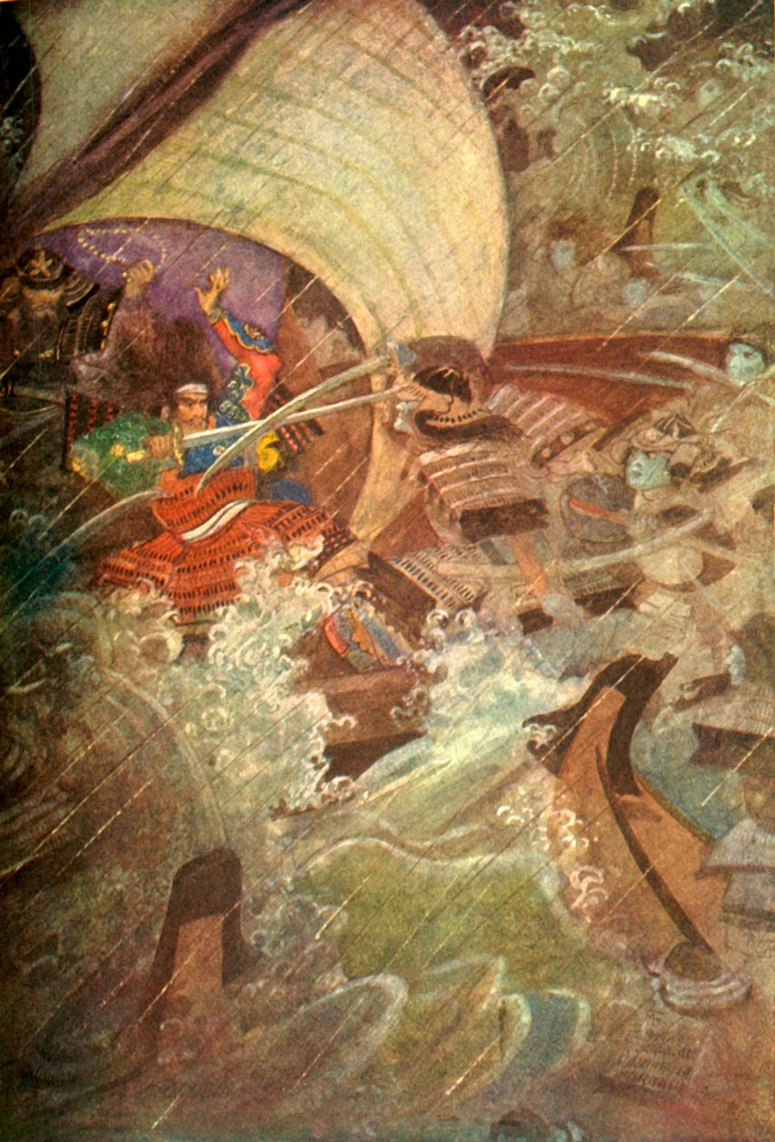 "Yoshitune och Benkei attackerade av ett spöklikt sällskap av Taira-klanen", 1912. av Evelyn Paul