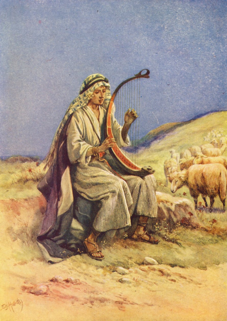 David spelar harpa (färglitografi) av Evelyn Stuart Hardy