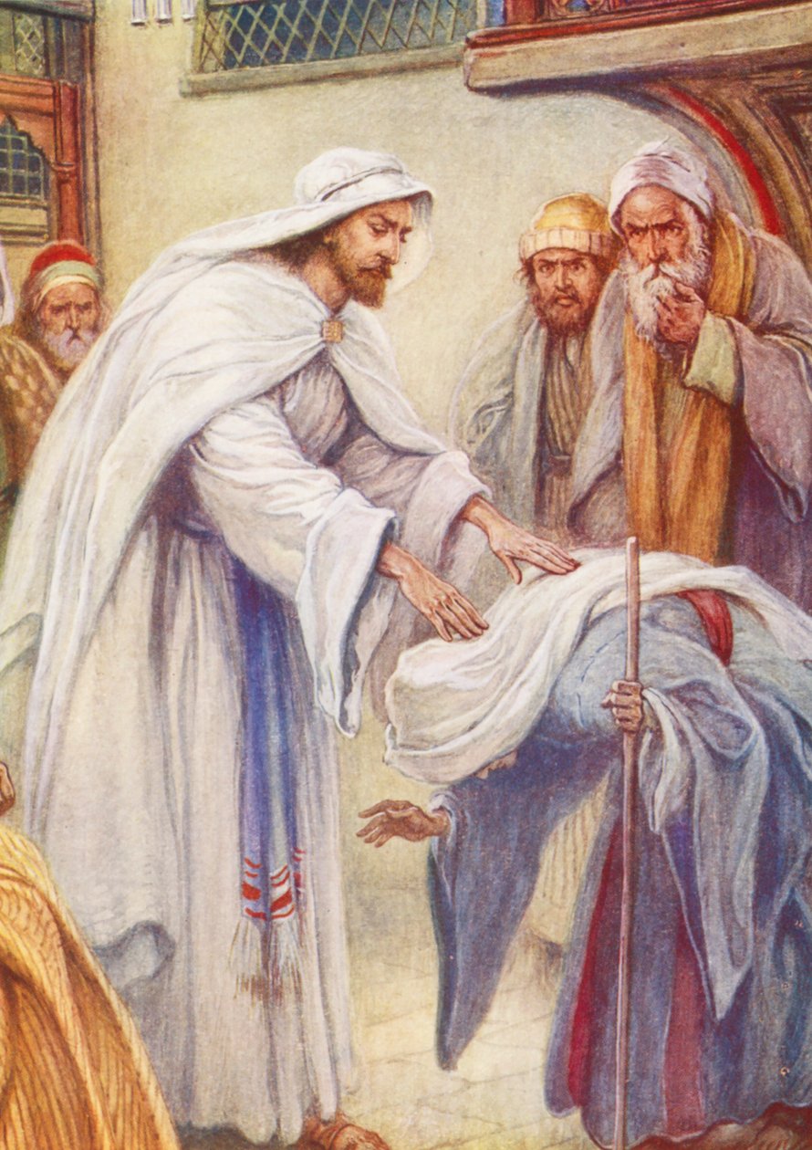 Jesus och kvinnan med böjd rygg (färglitografi) av Evelyn Stuart Hardy