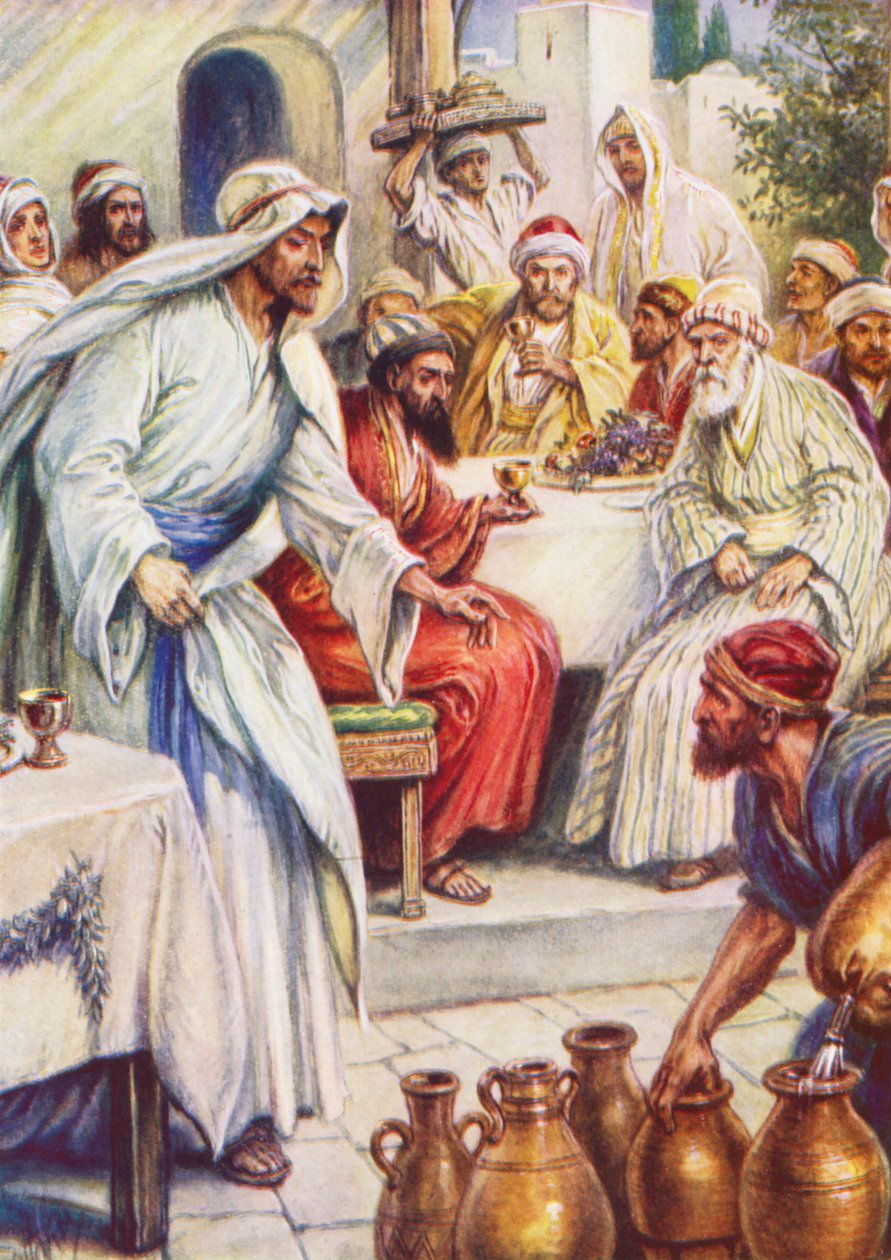 Jesus på bröllopsfesten (färglitografi) av Evelyn Stuart Hardy