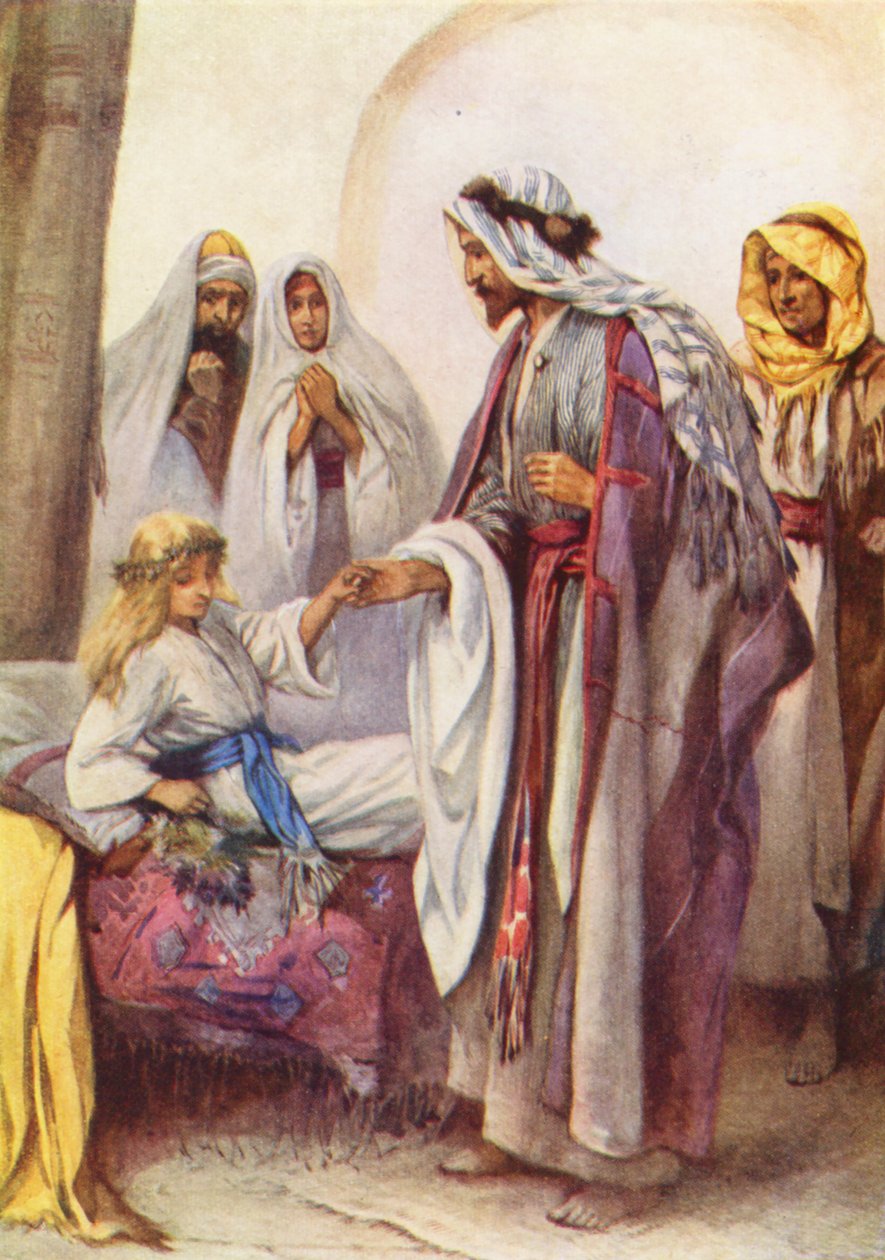 Jesus botar en liten flicka (färglitografi) av Evelyn Stuart Hardy