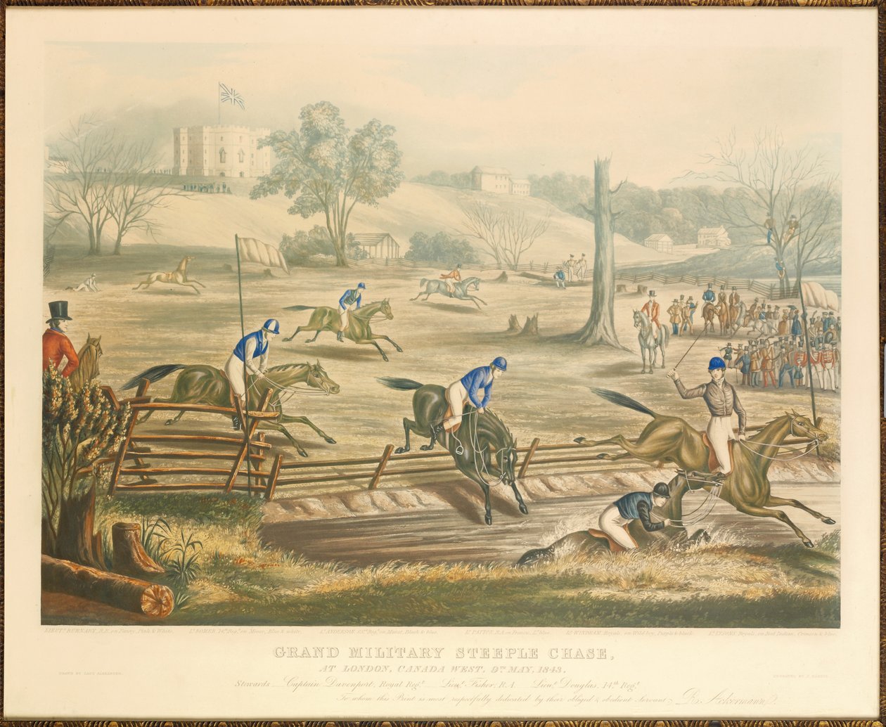 Grand Military Steeple Chase, i London, Västra Kanada, 9 maj 1843, graverad av J. Harris, 1845 av Evelyne Marie Alexander