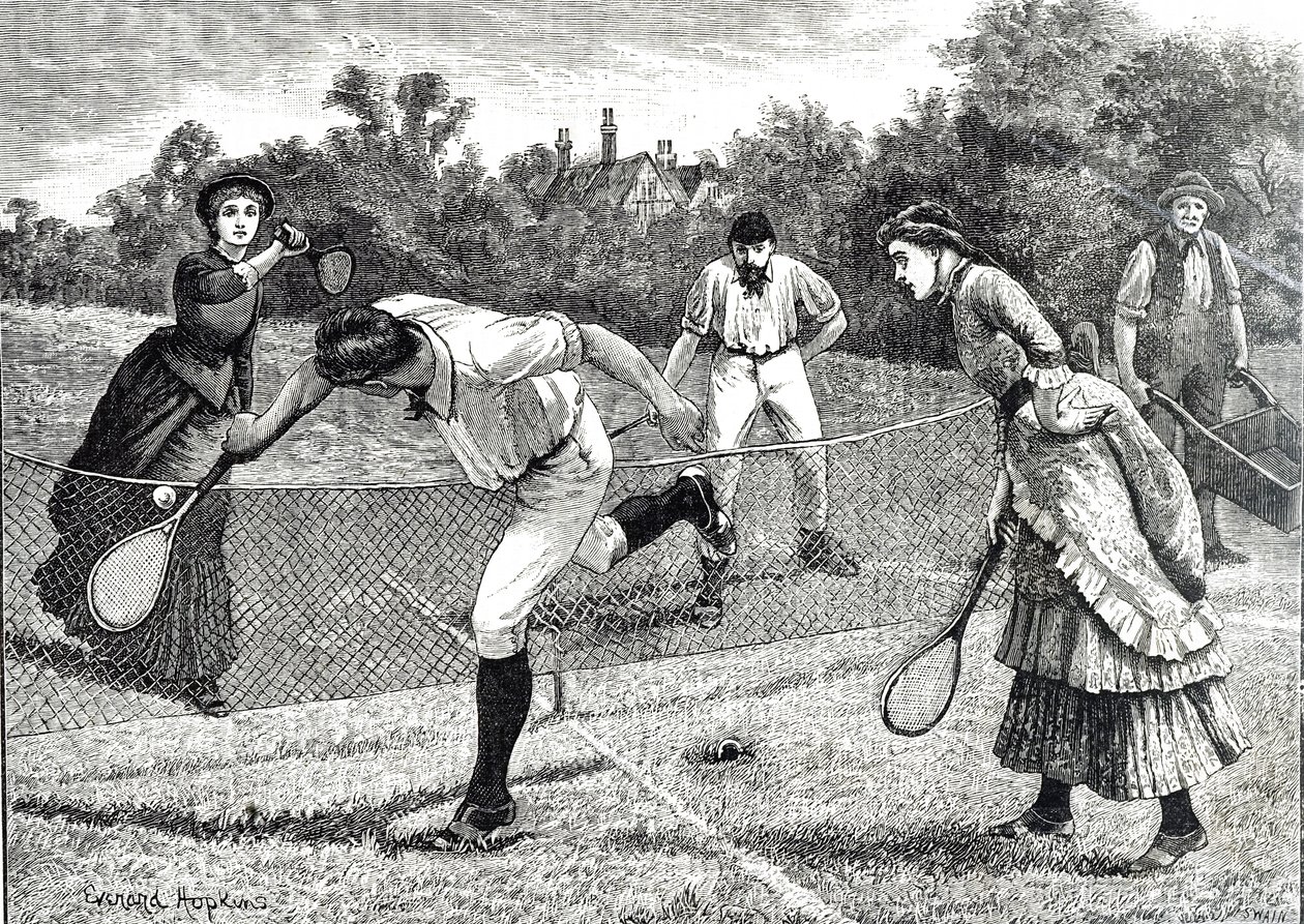 Gravyr som visar en vänskaplig dubbeltennismatch av Everard Hopkins