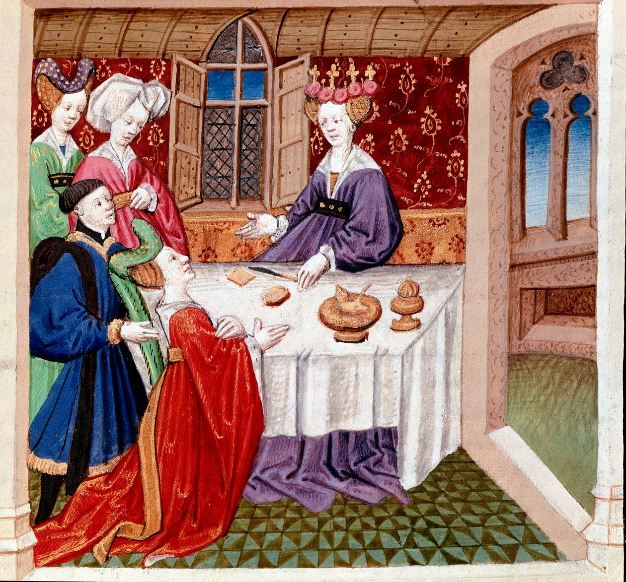 Iseult (eller Iseult) vädjar om skydd av drottning Guenevre som sitter vid hennes bord. Miniatyr hämtad från "" Romanesque du Chevalier Tristan et de la reine Yseult"" av Gassien de Poitiers belyst av Everard de Espinques (Evrard d