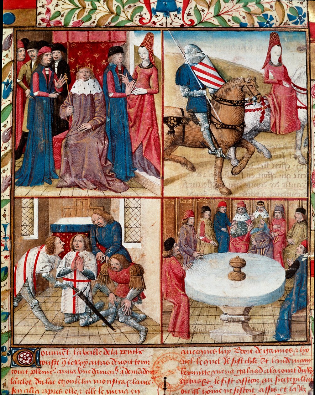 Kung Arthur håller hov, Lancelot ledd av en dam till klostret, mjukare från Galahad (Gaalad eller Galaad) till klostret och riddarna av det runda bordet runt den heliga graalmanuskriptsidan "" Riddarens romerska Tristan och drottning Yseult" av Gassien de  av Everard de Espinques