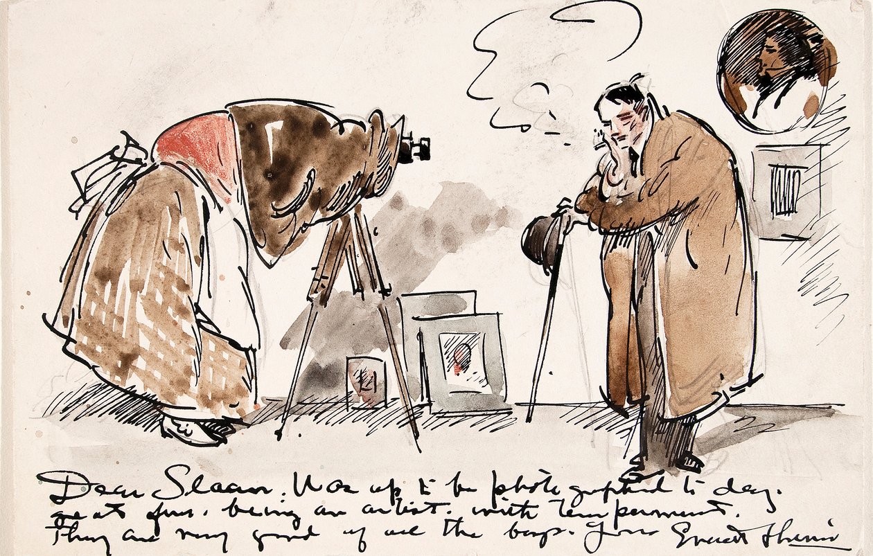 Karikatyr av Shinn som fotograferas av Gertrude Kasebier (1852-1934) av Everett Shinn