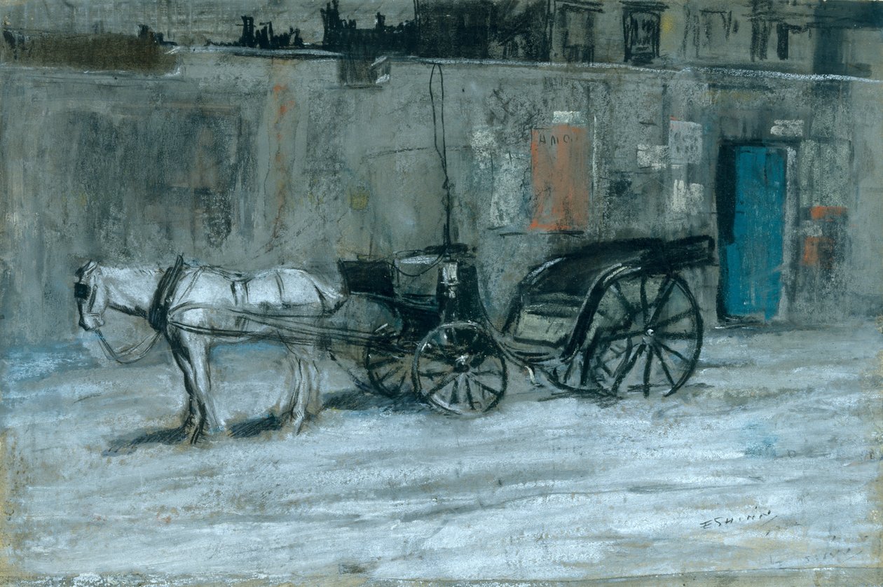 Paris, häst och vagn, ca 1900-05 (kol, krita och pastell på kartong) av Everett Shinn