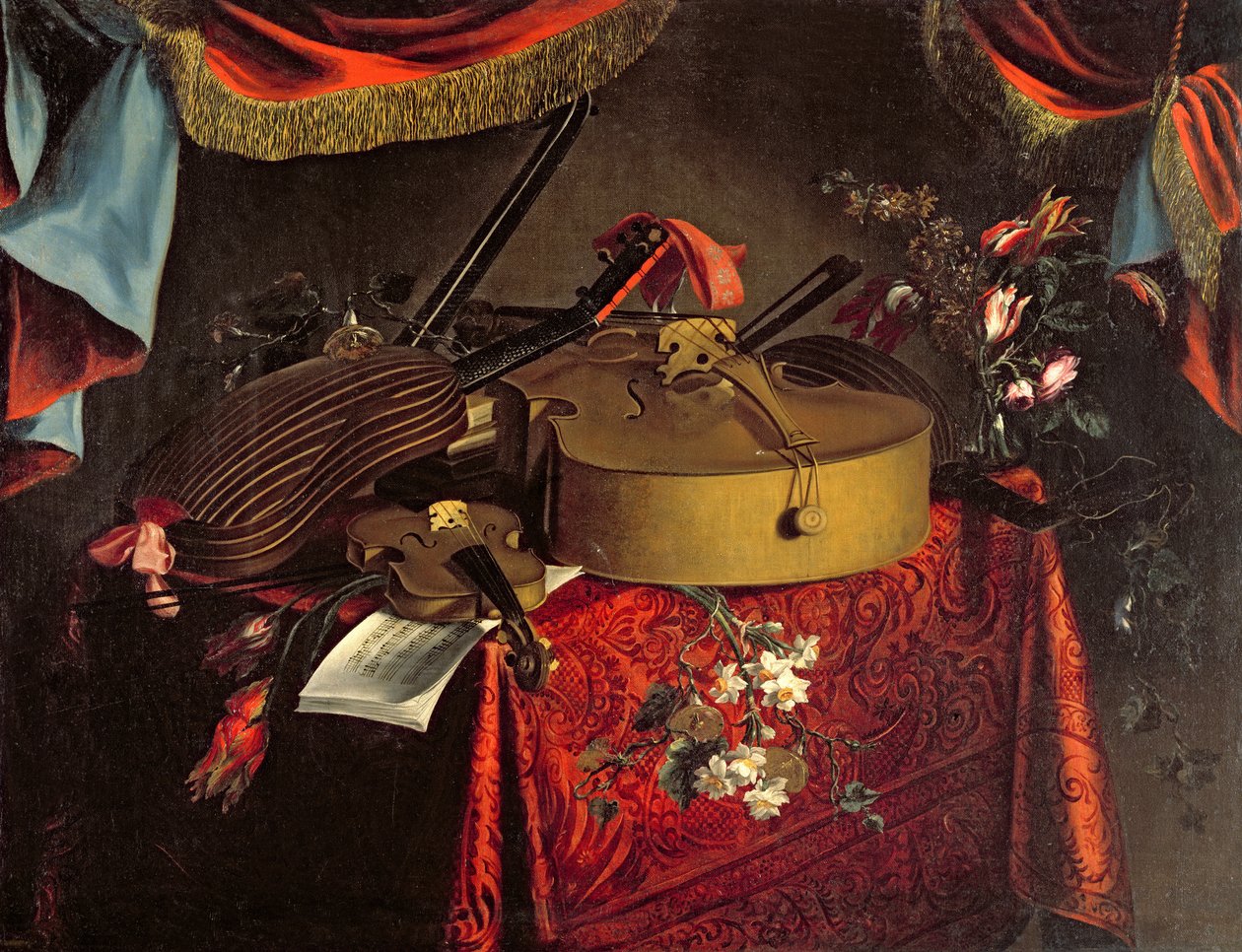 Stilleben av musikinstrument på ett bord med blommor av Evert Collier