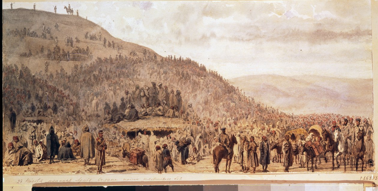 Osman Pashas (1837-1900) armés fångenskap i Pleven (Plevna) (Bulgarien). (The Captivity of The Army of Osman Pasha at Pleven). Avsnitt av det rysk-turkiska kriget (1877-1878). Verk av Evgeni Kirillovich Makarov (1842-1884), akvarell på papper av Evgeni Kirillovich Makarov