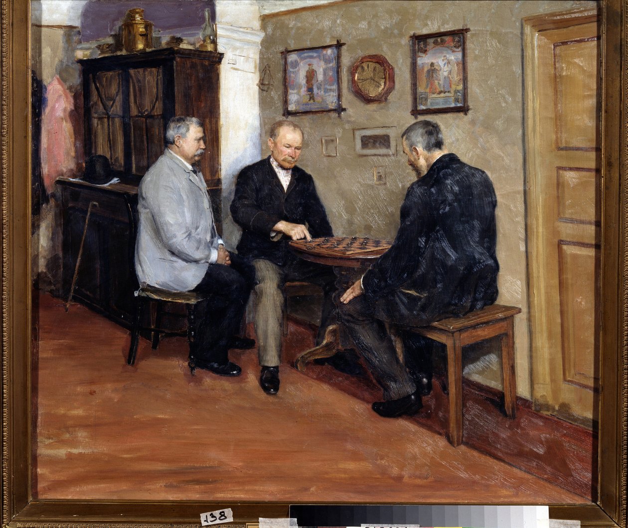 Damspelare (The Drafts Players). Målning av Evgeni Iosifovich Bukovetsky (1866-1948). Olja på duk, 71 x 80 cm av Evgeniy Iosipovich Bukovetsky