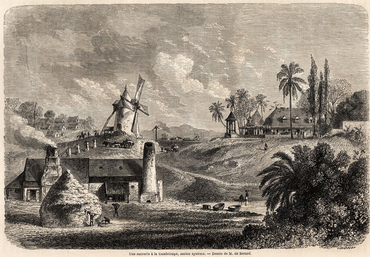 En sockerfabrik i Guadeloupe, teckning av Auguste de Berard (1824-1881), för att illustrera resorna till Västindien, 1858-1859, av Anthony Trollope (1815-1882). Gravyr i "" Le tour du monde, nouveau journal des voyages"" Paris av Evremond de (after) Berard