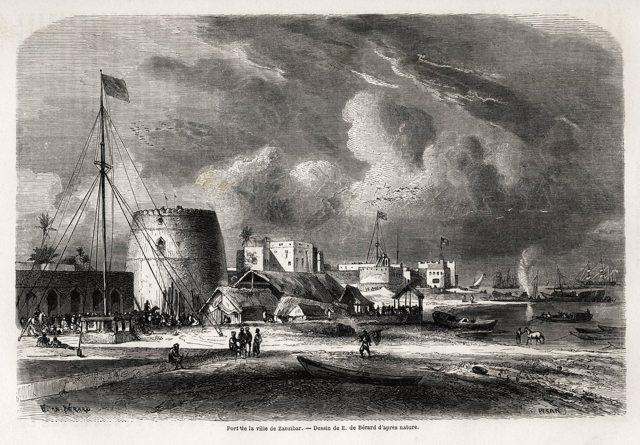 Hamnen i staden Zanzibar (nuvarande Tanzania), teckning av Evremond de Berard (1824-1881), för att illustrera kapten Burtons resa till Östafrikas stora sjöar 1857-1859. Gravyr i "" Le tour du monde, nouveau journal des voyages"" Paris av Evremond de (after) Berard