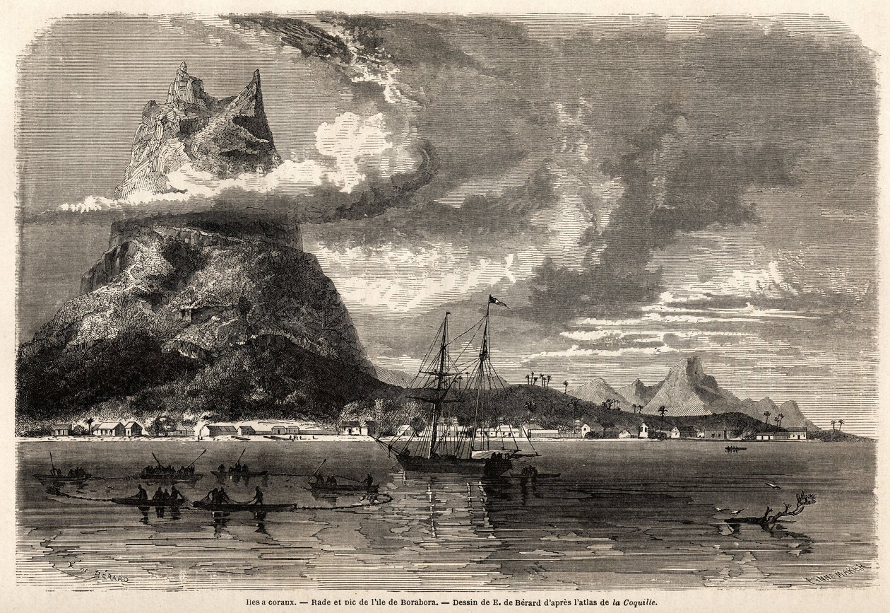 Rade och toppen av ön Borabora, teckning av Evremond Auguste de Berard (1824-1881), för att illustrera en naturforskares resa i Galapagos skärgård och korallöarna, 1858 av Charles Darwin (1809-1882). Gravyr i "" Le tour du mond av Evremond de (after) Berard