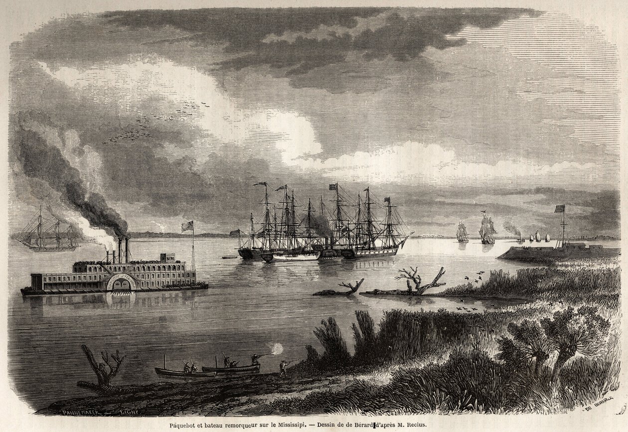 Skepp och bogserbåt på Mississippi, teckning av Evremond Auguste de Berard (1824-1881), för att illustrera resan till New Orleans 1855 av Elysee (Elisee) Reclus (1830-1905). Gravyr i "" Le tour du monde, nouveau journal des voyages"" Paris av Evremond de (after) Berard