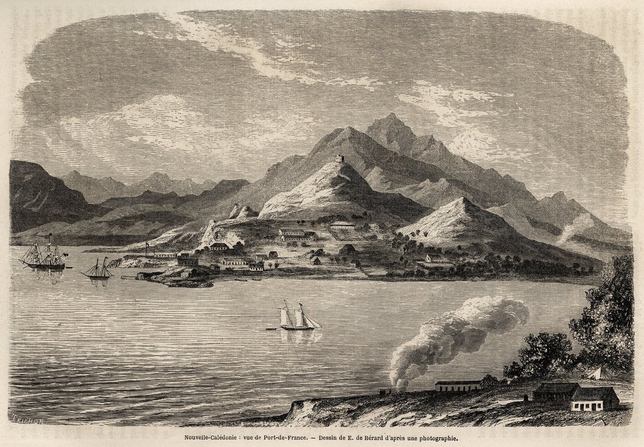 Vy över Port of France, Nya Kaledonien, teckning av Evremont de Berard (1824-1881), för att illustrera Victor de Rochas resa till Nya Kaledonien 1859. Gravyr i ”” Le tour du monde” 1861. Selvas samling. av Evremond de (after) Berard
