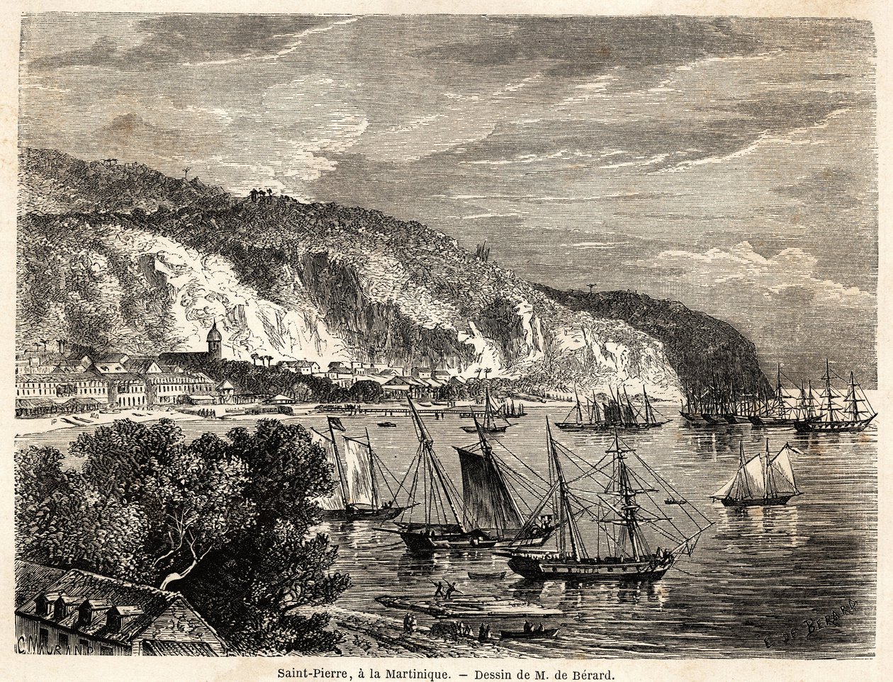 Vy över Saint Pierre, på Martinique, teckning av Auguste de Berard (1824-1881), för att illustrera resorna till Västindien, 1858-1859, av Anthony Trollope (1815-1882). Gravyr i "" Jorden runt, ny resejournal"" Paris av Evremond de (after) Berard