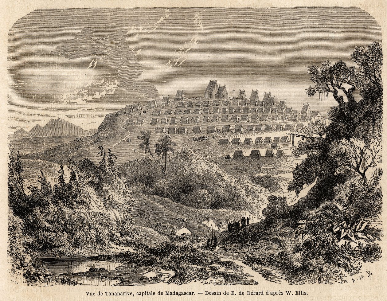 Vy över Tananarive, Madagaskars huvudstad, teckning av Evremond de Berard (1824-1881), för att illustrera Ida Pfeiffers resa till Madagaskar 1857. Gravyr i ”” Le tour du monde”” 1861. Selvas samling. av Evremond de (after) Berard
