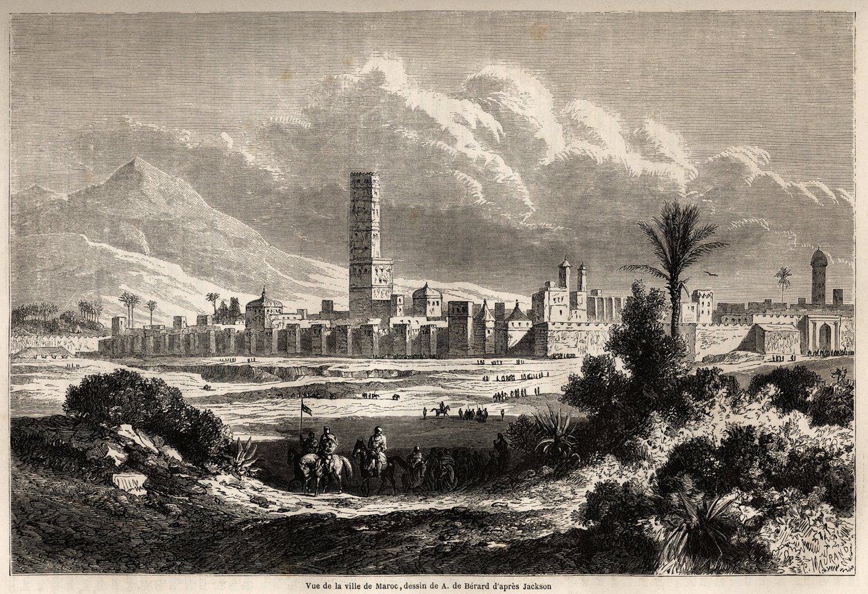 Utsikt över staden Marrakech (tidigare Marocko), teckning av Auguste de Berard (1824-1881), för att illustrera Mr.F. Schicklers resa till Marocko 1860. Gravyr i "" Le tour du monde, nouveau journal des voyages"" Paris av Evremond de (after) Berard