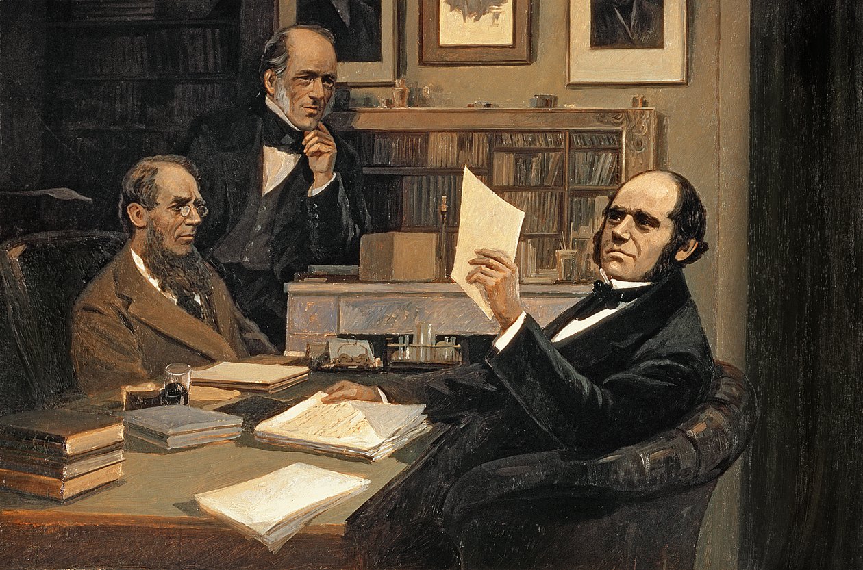 Joseph Hooker (1817-1911), Charles Lyell (1797-1875) och Charles Robert Darwin (1809-82). av Evstafieff